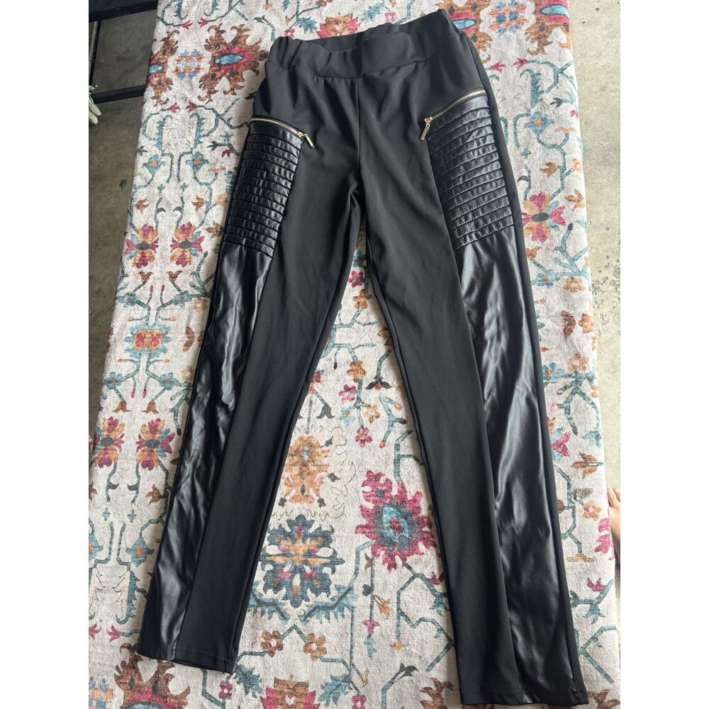 Womens Black Faux Leather Contrast Panel Pants Zipper Detail Skinny Leg Size M